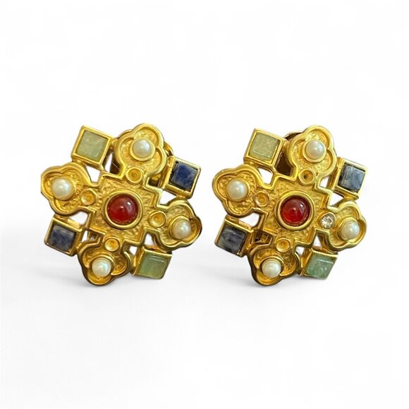 Jewelry - Vintage Maltese Cross Multicolor Stones & Pearls Clip Gold Tone Clip Earrings